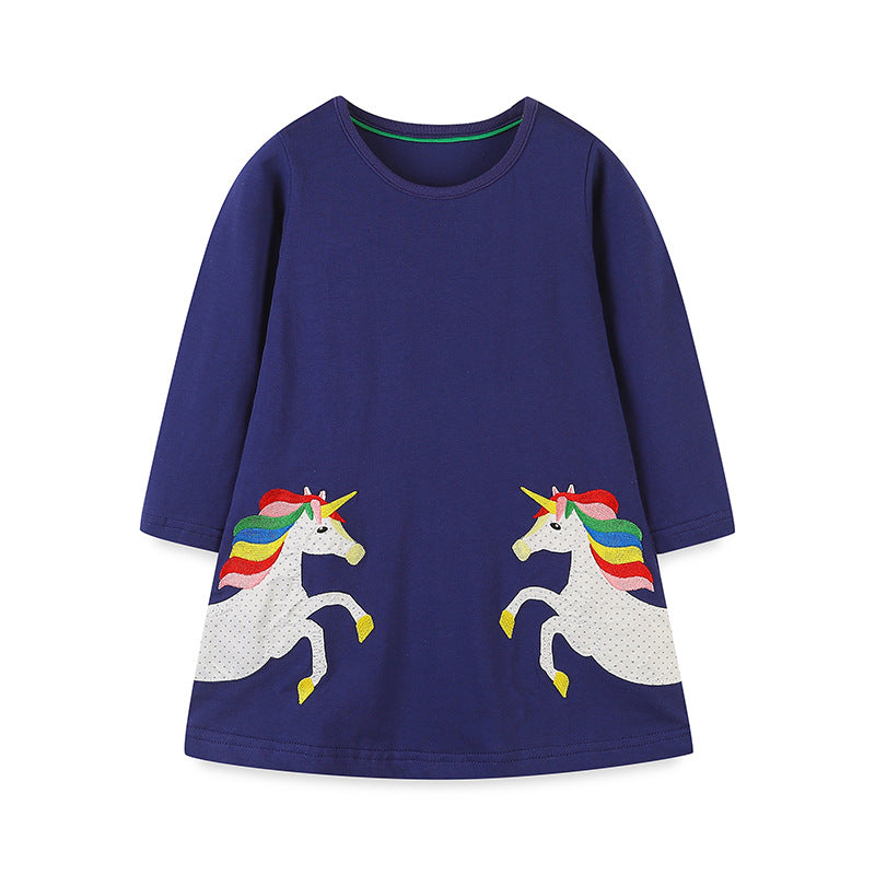 Girls’ Cartoon Pattern Embroidery Crew Neck Dress in vibrant colors with playful cartoon designs, made from soft cotton material.