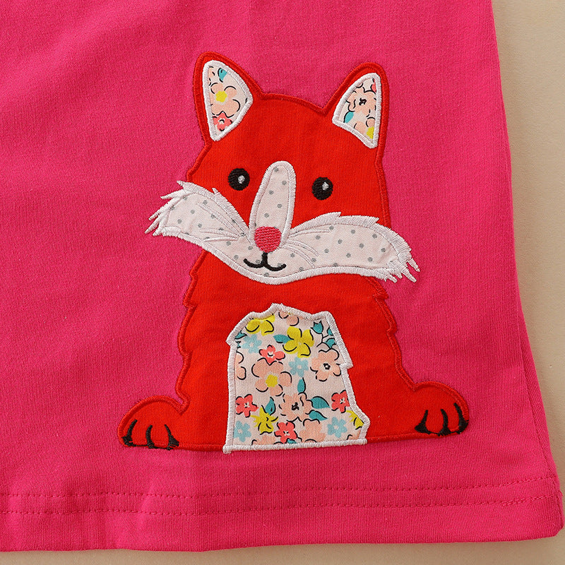 Girls’ Cartoon Pattern Embroidery Crew Neck Dress in vibrant colors with playful cartoon designs, made from soft cotton material.