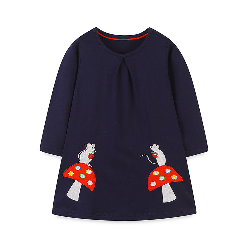 Girls’ Cartoon Pattern Embroidery Crew Neck Dress in vibrant colors with playful cartoon designs, made from soft cotton material.