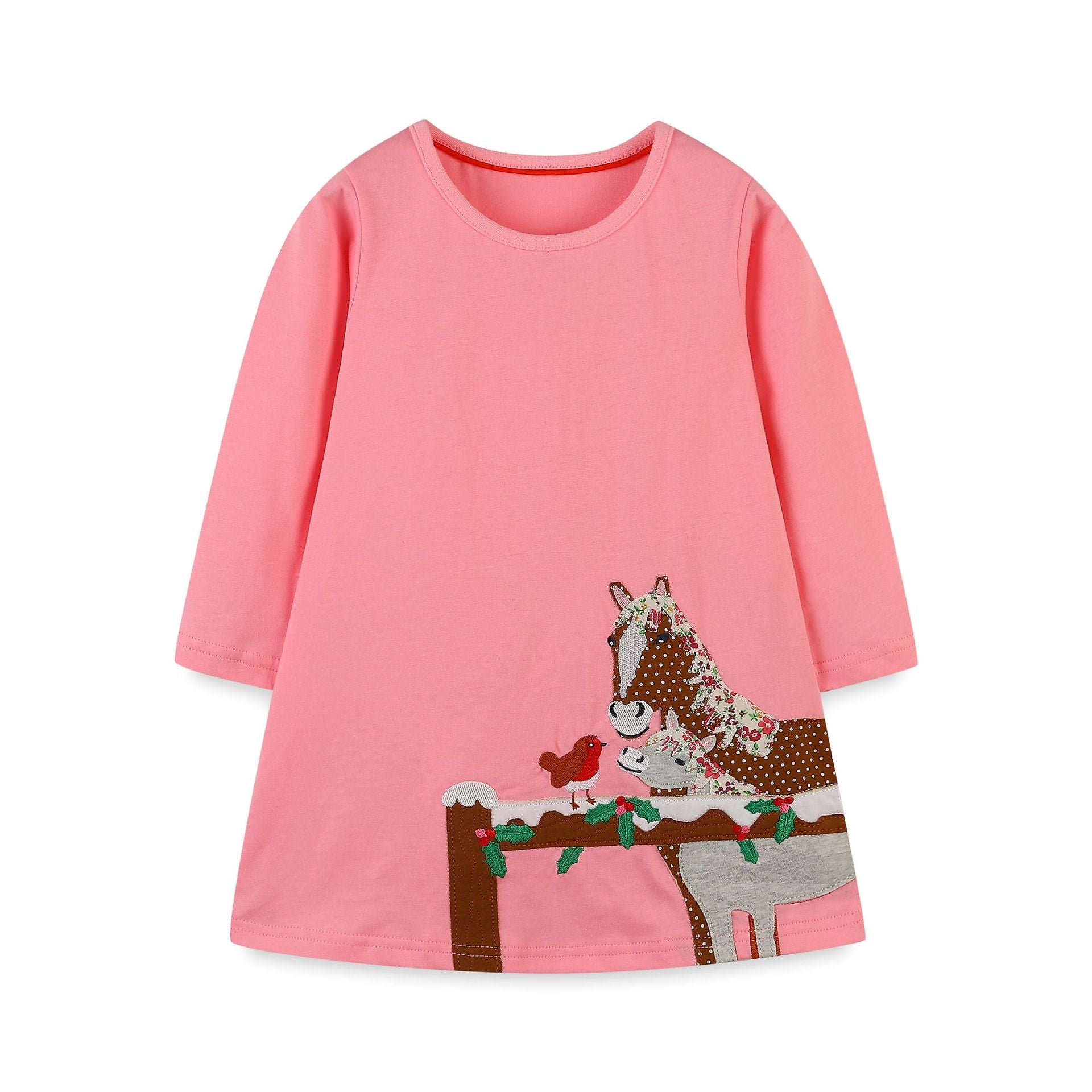 Girls’ Cartoon Pattern Embroidery Crew Neck Dress in vibrant colors with playful cartoon designs, made from soft cotton material.