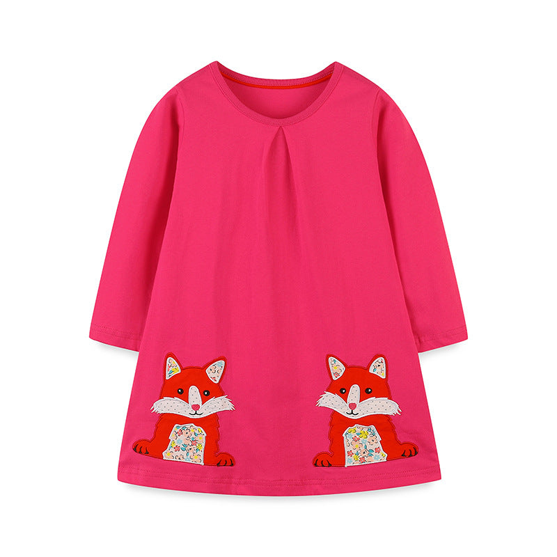 Girls’ Cartoon Pattern Embroidery Crew Neck Dress in vibrant colors with playful cartoon designs, made from soft cotton material.