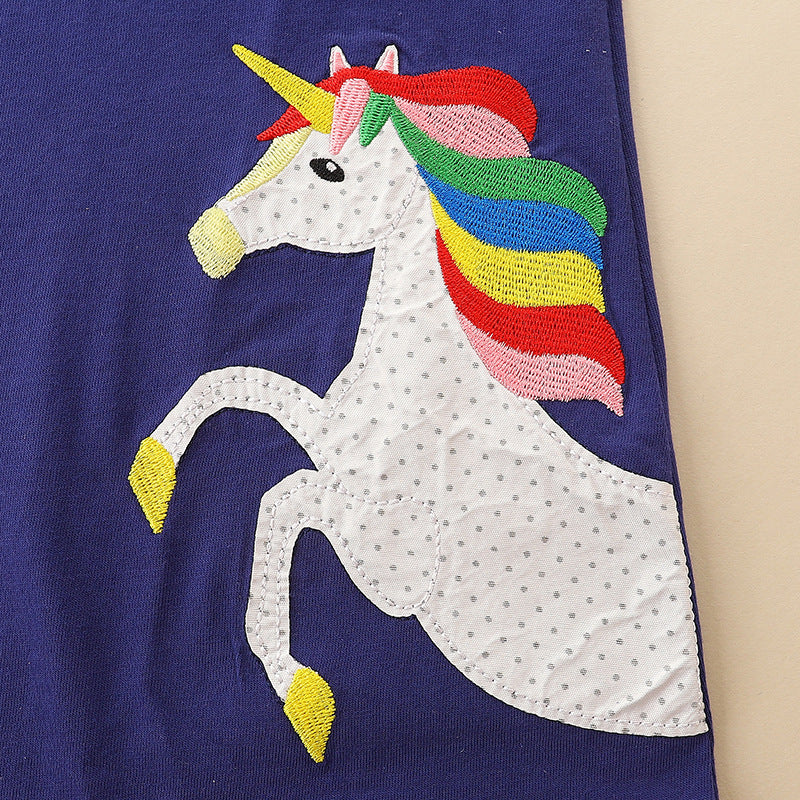 Girls’ Cartoon Pattern Embroidery Crew Neck Dress in vibrant colors with playful cartoon designs, made from soft cotton material.