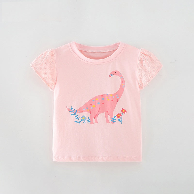 Girls’ pink t-shirt featuring a cartoon dinosaur print, perfect for summer wear.