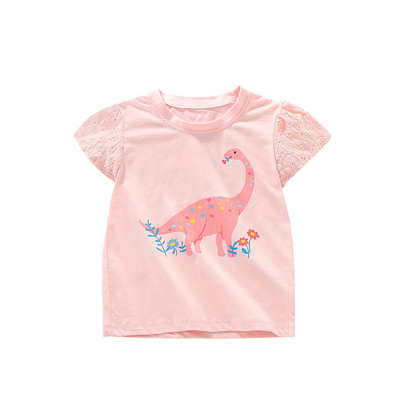 Girls’ pink t-shirt featuring a cartoon dinosaur print, perfect for summer wear.