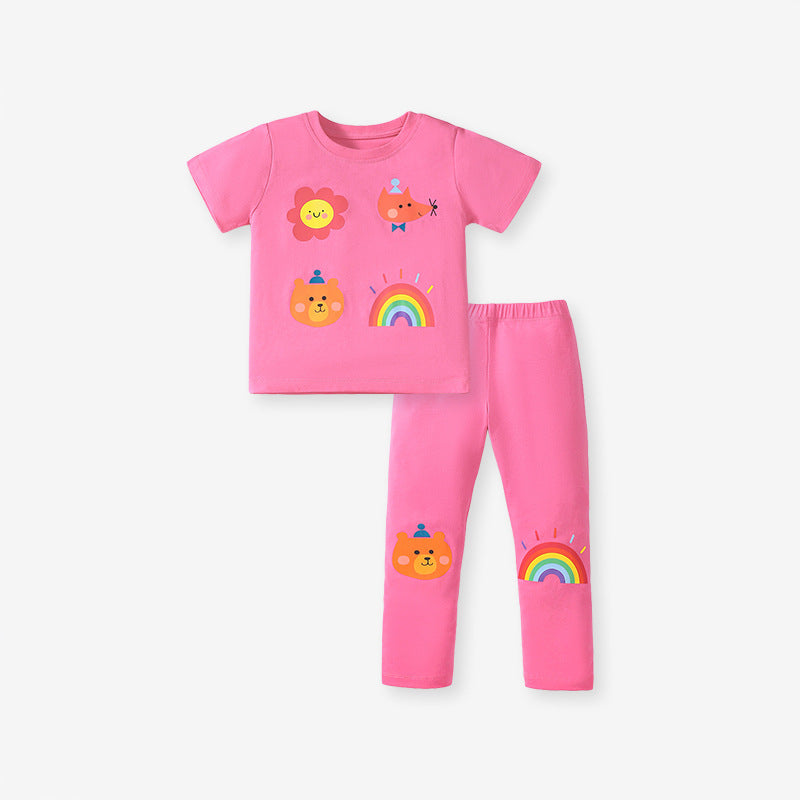 Girls Cartoon Print T-Shirt and Pants Set in pink with floral and rainbow patterns, perfect for spring and summer wear.