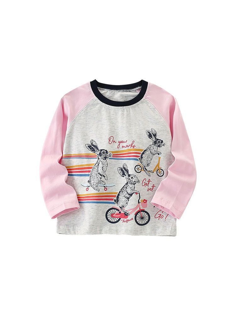 Girls Cartoon Printing Pattern Comfy Cotton Top Pullover in grey and beige, featuring playful cartoon designs, perfect for spring and autumn wear.