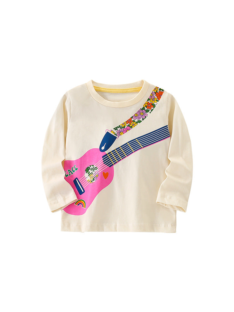 Girls Cartoon Printing Pattern Comfy Cotton Top Pullover in grey and beige, featuring playful cartoon designs, perfect for spring and autumn wear.