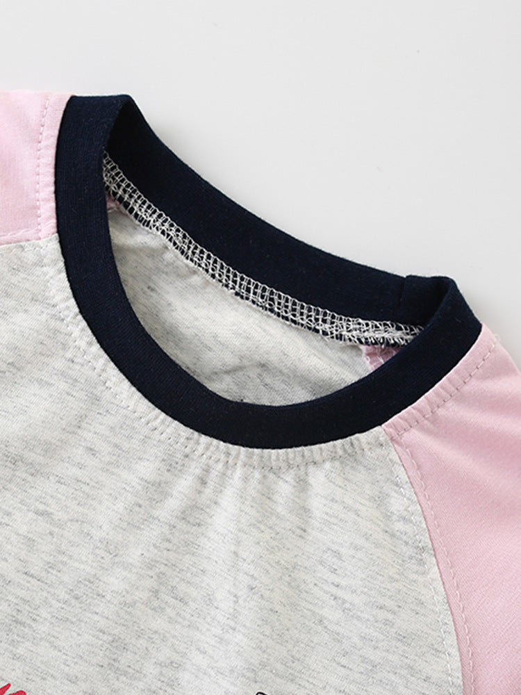 Girls Cartoon Printing Pattern Comfy Cotton Top Pullover in grey and beige, featuring playful cartoon designs, perfect for spring and autumn wear.