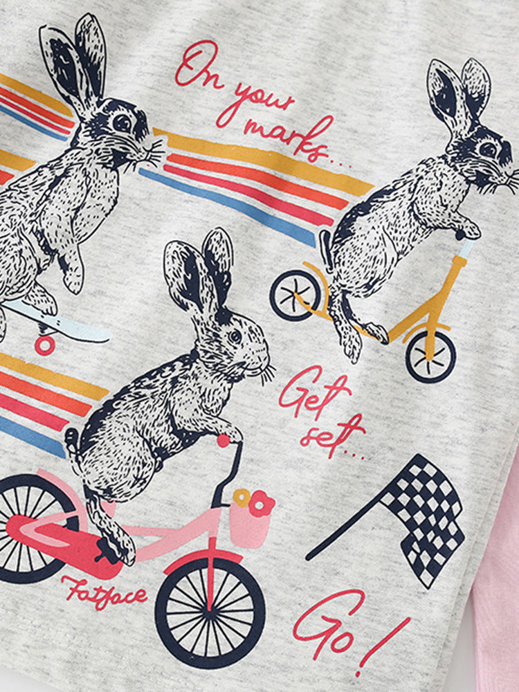 Girls Cartoon Printing Pattern Comfy Cotton Top Pullover in grey and beige, featuring playful cartoon designs, perfect for spring and autumn wear.