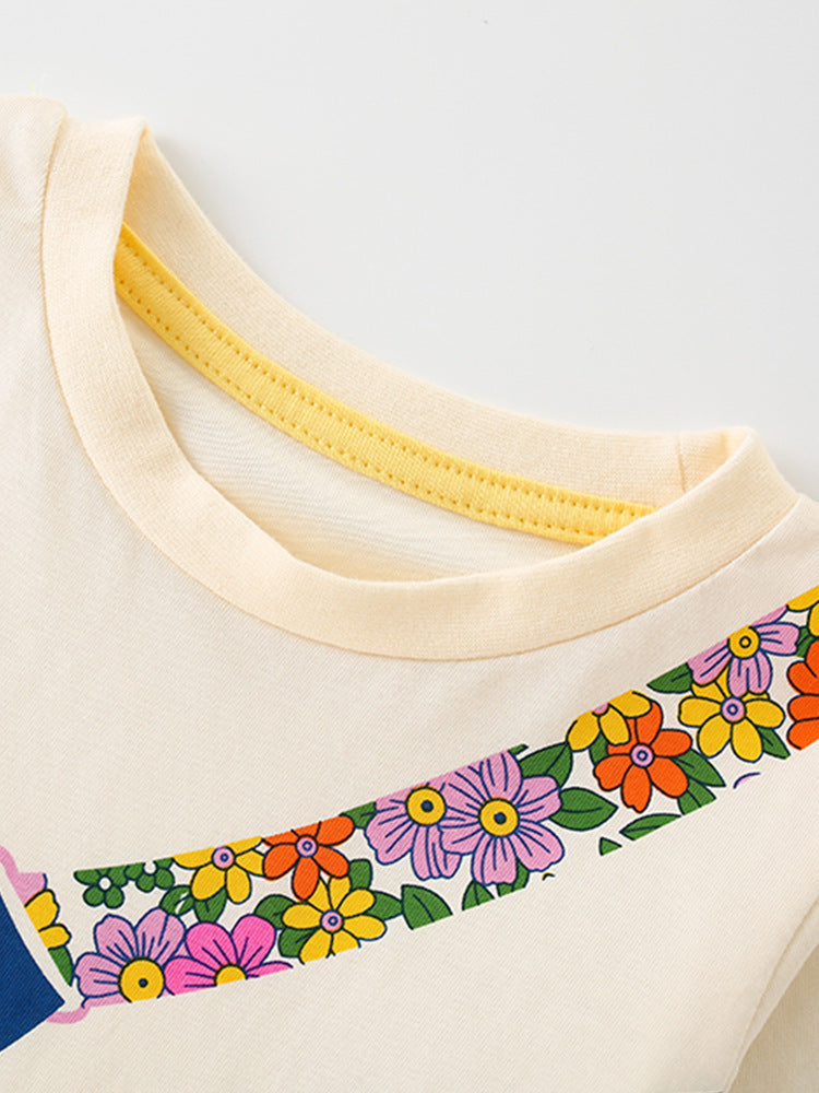 Girls Cartoon Printing Pattern Comfy Cotton Top Pullover in grey and beige, featuring playful cartoon designs, perfect for spring and autumn wear.