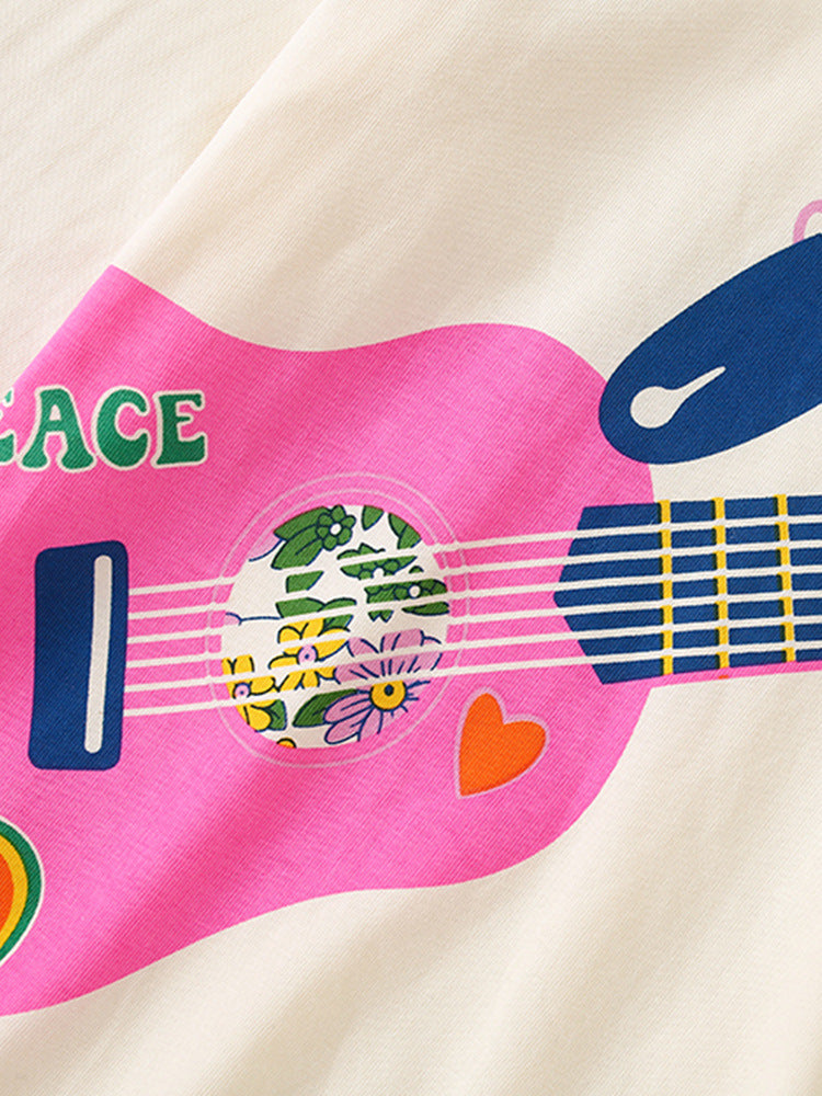 Girls Cartoon Printing Pattern Comfy Cotton Top Pullover in grey and beige, featuring playful cartoon designs, perfect for spring and autumn wear.