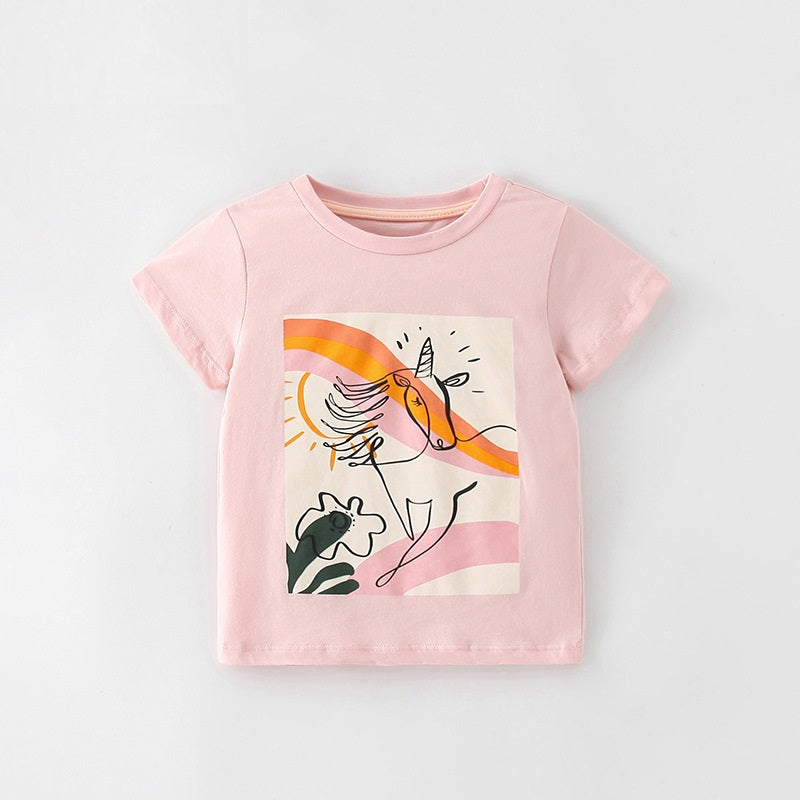 Girls' pink short sleeves t-shirt featuring a cartoon unicorn pattern, perfect for summer wear.