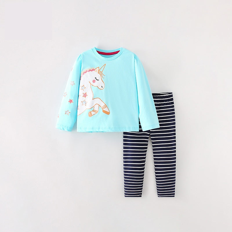Girls Cartoon Unicorn Printing Design Top and Pattern Pants Set in pink and blue, featuring playful unicorns and fun patterns.