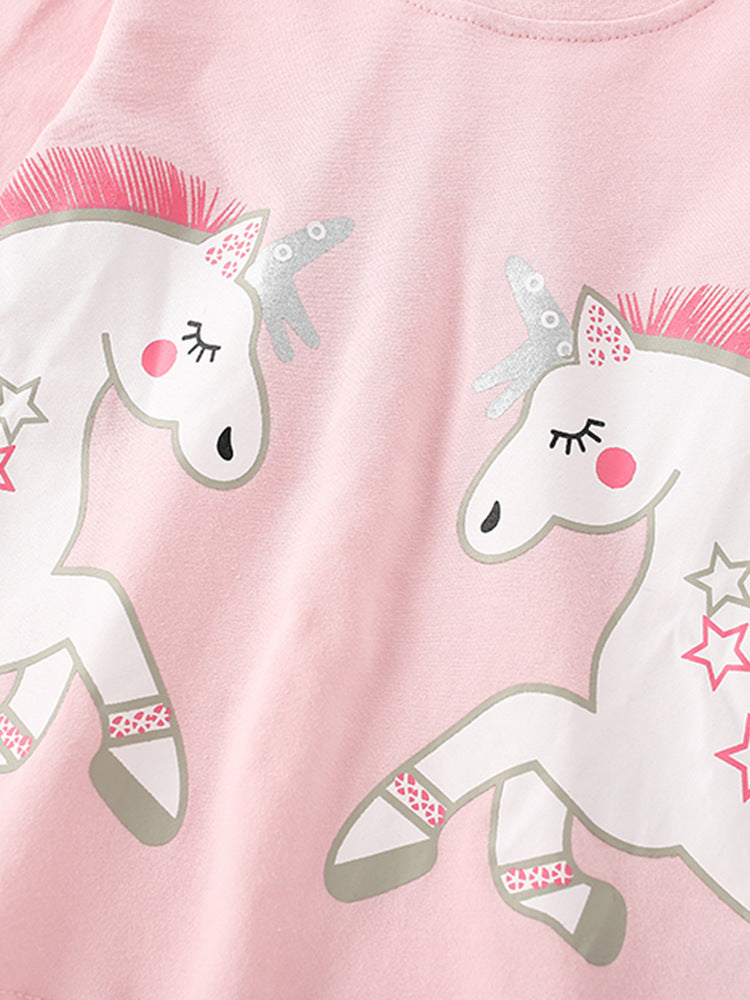 Girls Cartoon Unicorn Printing Design Top and Pattern Pants Set in pink and blue, featuring playful unicorns and fun patterns.
