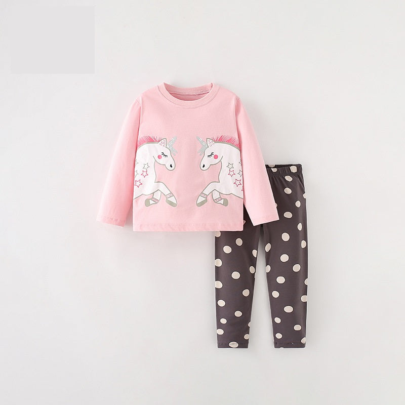 Girls Cartoon Unicorn Printing Design Top and Pattern Pants Set in pink and blue, featuring playful unicorns and fun patterns.