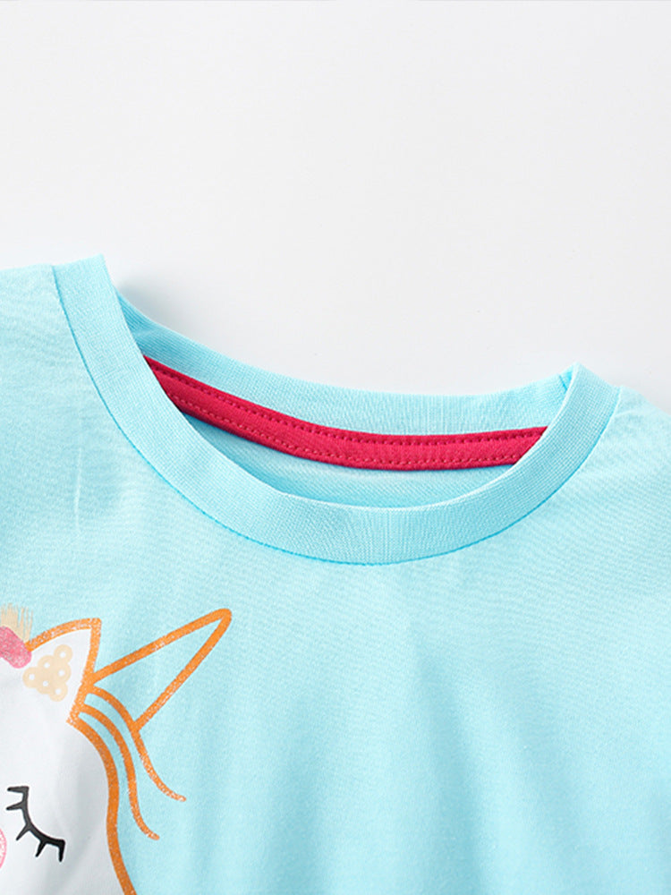 Girls Cartoon Unicorn Printing Design Top and Pattern Pants Set in pink and blue, featuring playful unicorns and fun patterns.