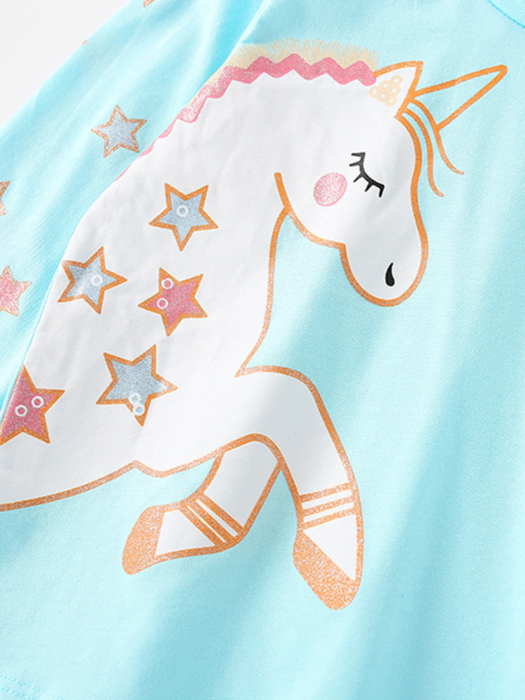 Girls Cartoon Unicorn Printing Design Top and Pattern Pants Set in pink and blue, featuring playful unicorns and fun patterns.