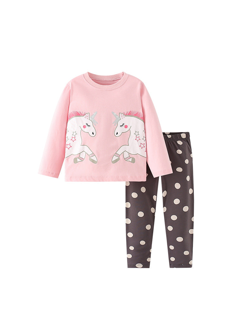 Girls Cartoon Unicorn Printing Design Top and Pattern Pants Set in pink and blue, featuring playful unicorns and fun patterns.