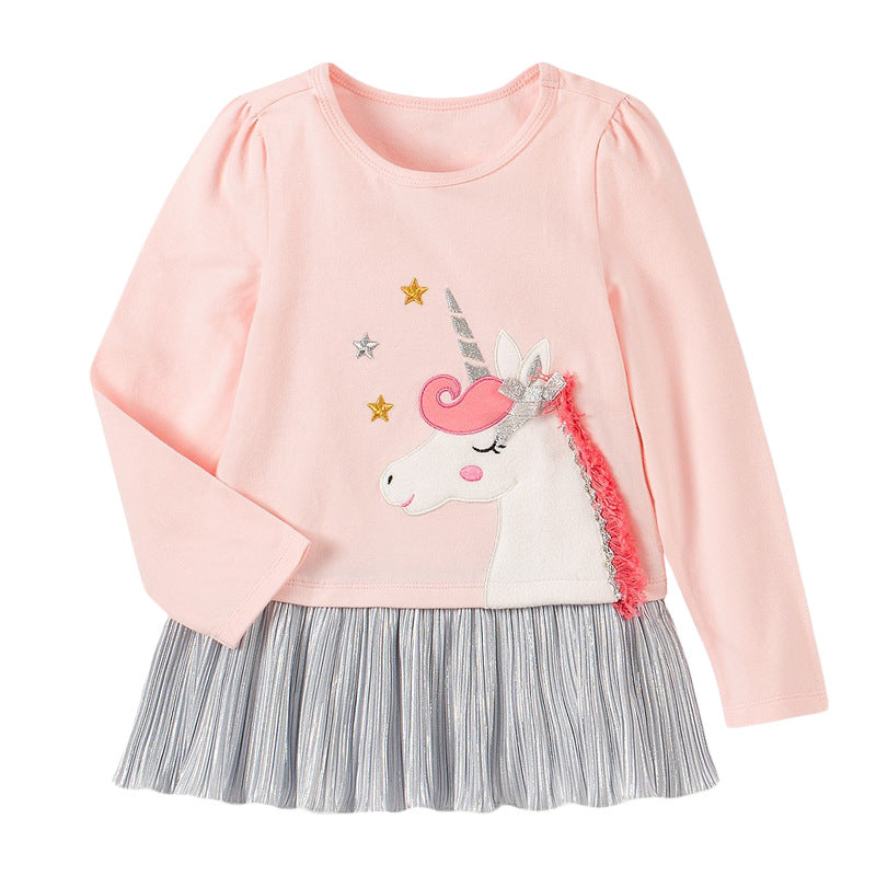 A pink children's shirt featuring a whimsical unicorn pattern, made from soft cotton, perfect for spring and autumn wear.