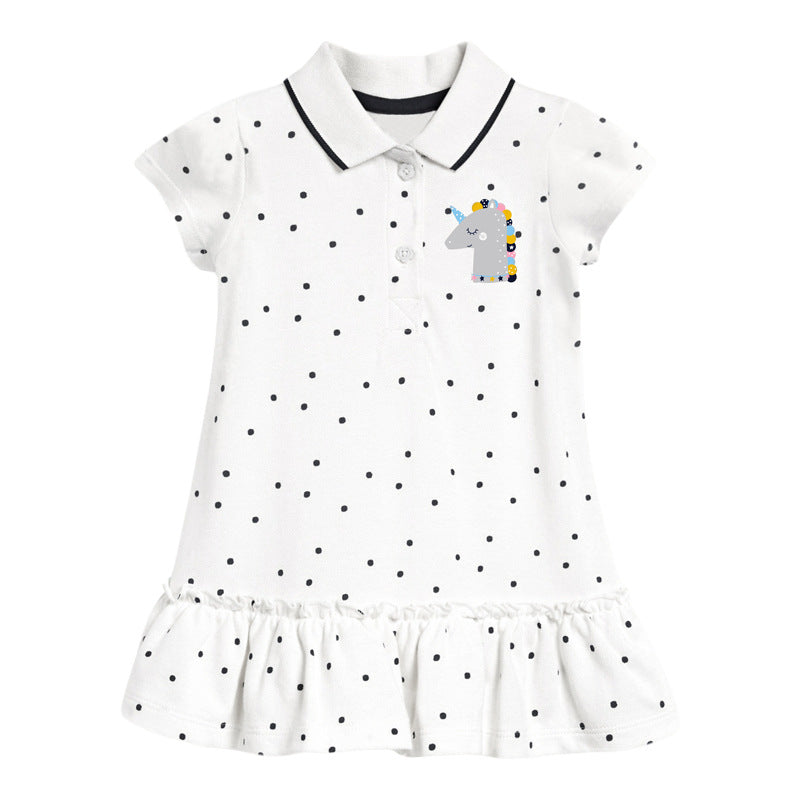Girls' summer collar flip dress in white cotton with unicorn design and polka dot patterns, perfect for warm weather.