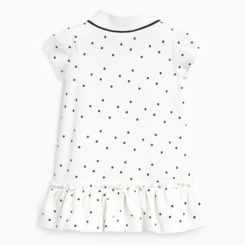 Girls' summer collar flip dress in white cotton with unicorn design and polka dot patterns, perfect for warm weather.