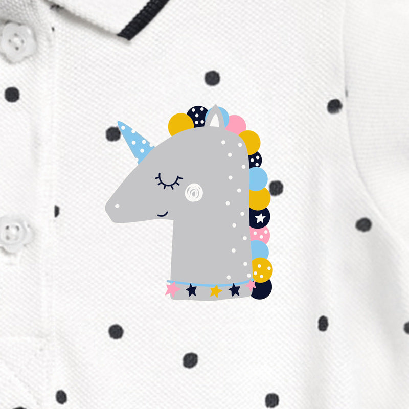 Girls' summer collar flip dress in white cotton with unicorn design and polka dot patterns, perfect for warm weather.
