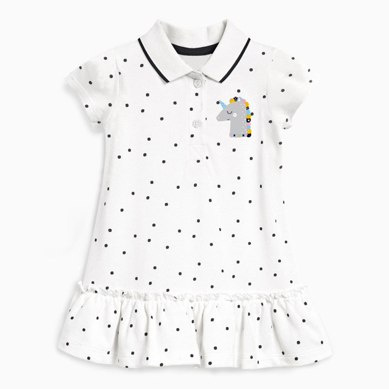 Girls' summer collar flip dress in white cotton with unicorn design and polka dot patterns, perfect for warm weather.