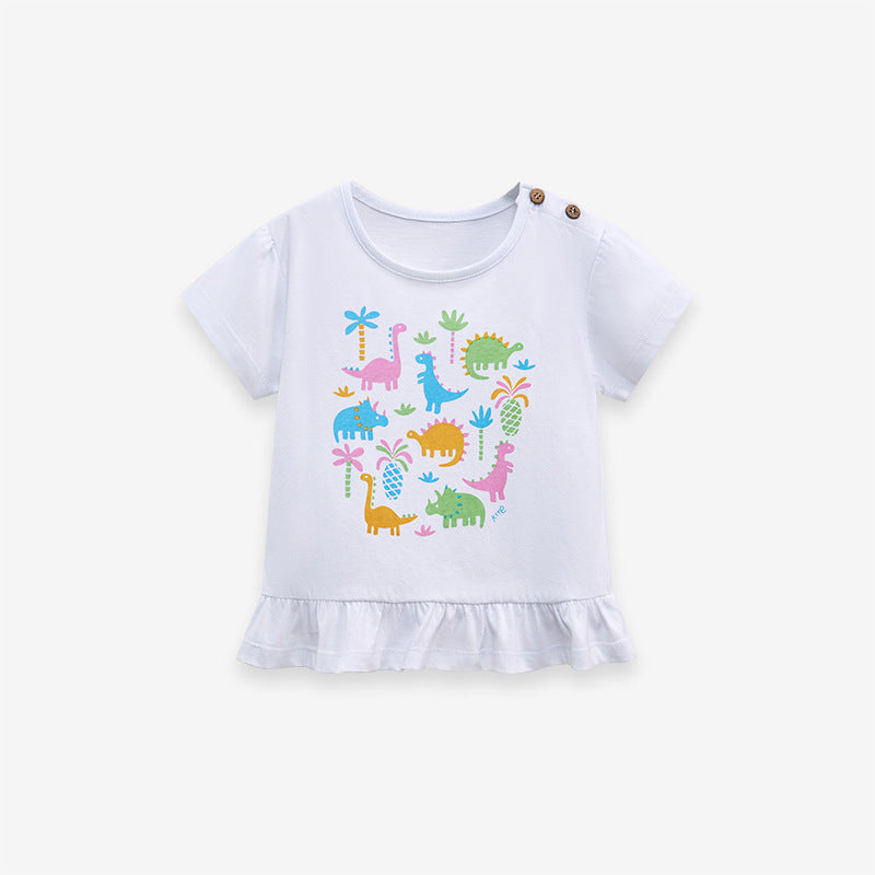Girls' summer clothing featuring a playful dinosaurs and plants pattern on a white background, made from soft cotton material.