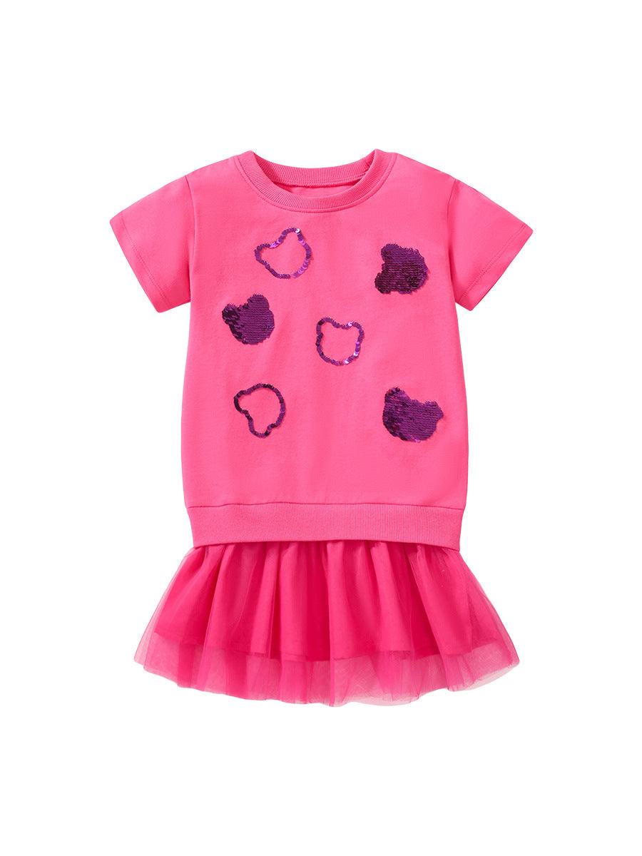 Girls’ Teddy Sequin T-Shirt in vibrant pink, featuring a cute teddy bear design with shimmering sequins, perfect for summer wear.
