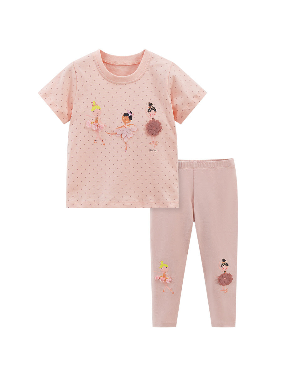Girls Dancers Cartoon Collection T-Shirt and Pants Set in pink, featuring playful cartoon designs, suitable for young girls.
