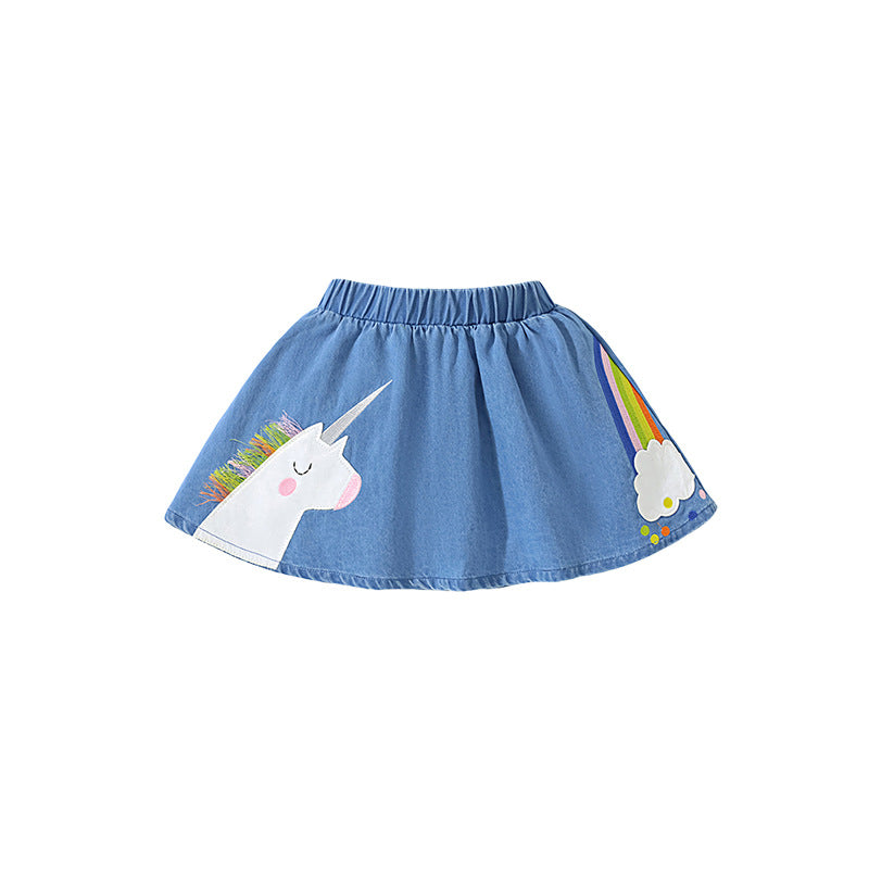 Girls denim skirt featuring unicorn and rainbow cartoon embroidery, perfect for summer wear.