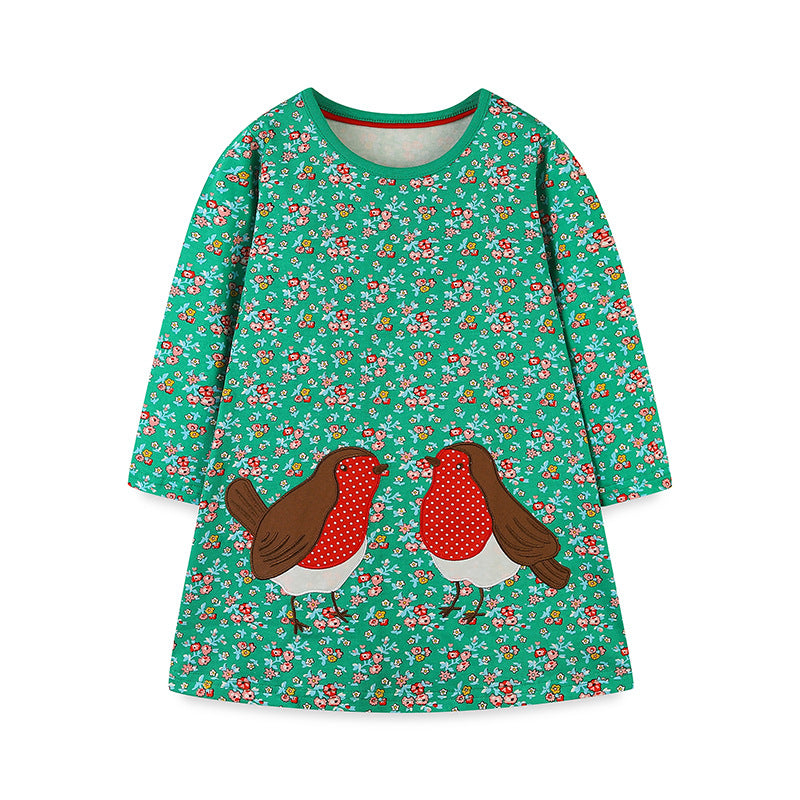 Girls' floral and polka dot cartoon pattern dress in vibrant colors, made from soft cotton, suitable for spring and autumn wear.