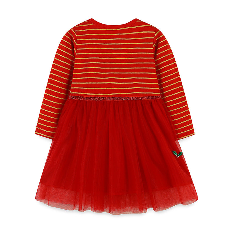 Girls’ outfit featuring Santa Claus and reindeer embroidery in black and red cotton, perfect for festive occasions.