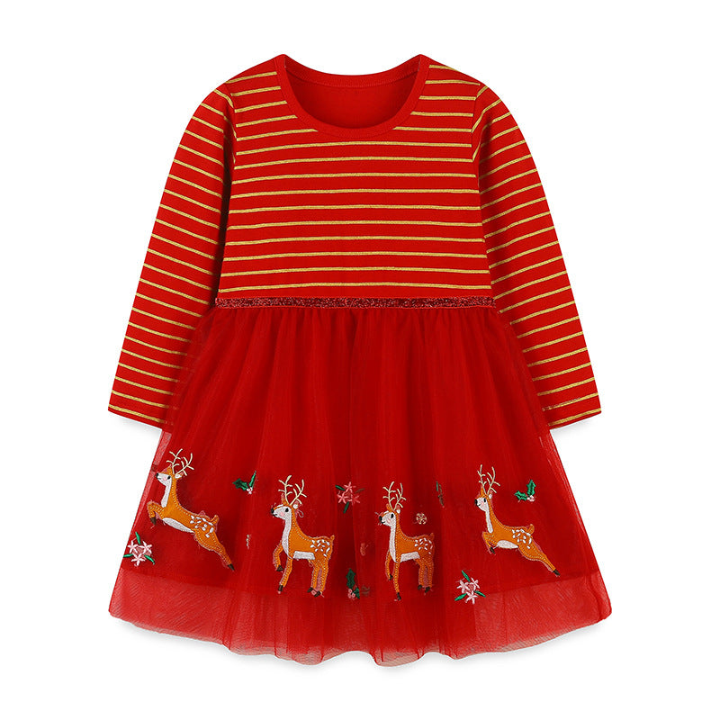 Girls’ outfit featuring Santa Claus and reindeer embroidery in black and red cotton, perfect for festive occasions.
