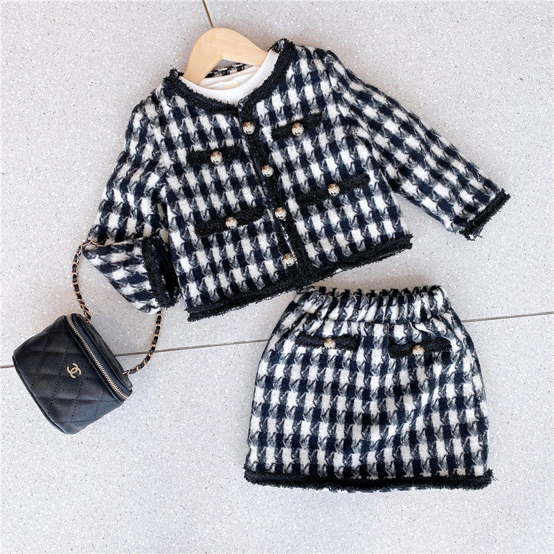 Girls elegant houndstooth pattern cardigan and skirt set in black, perfect for spring and autumn wear.