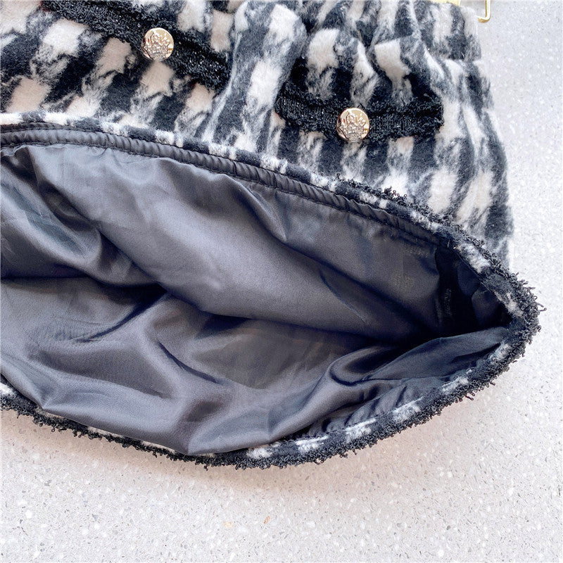 Girls elegant houndstooth pattern cardigan and skirt set in black, perfect for spring and autumn wear.