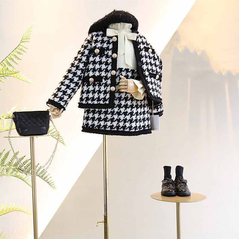 Girls elegant houndstooth pattern cardigan and skirt set in black, perfect for spring and autumn wear.