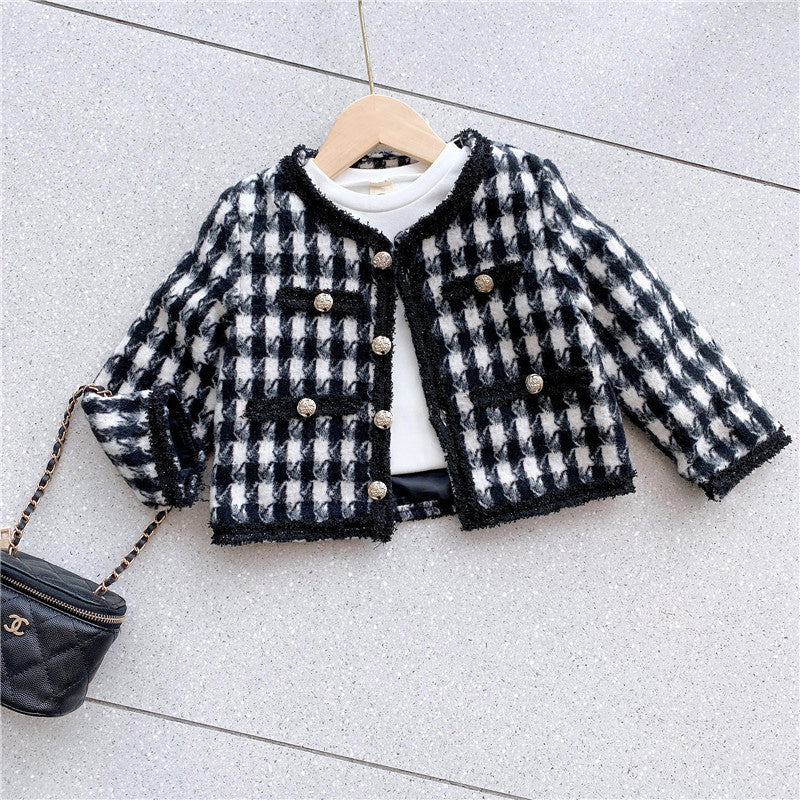 Girls elegant houndstooth pattern cardigan and skirt set in black, perfect for spring and autumn wear.