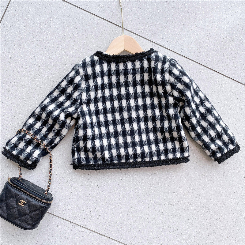 Girls elegant houndstooth pattern cardigan and skirt set in black, perfect for spring and autumn wear.