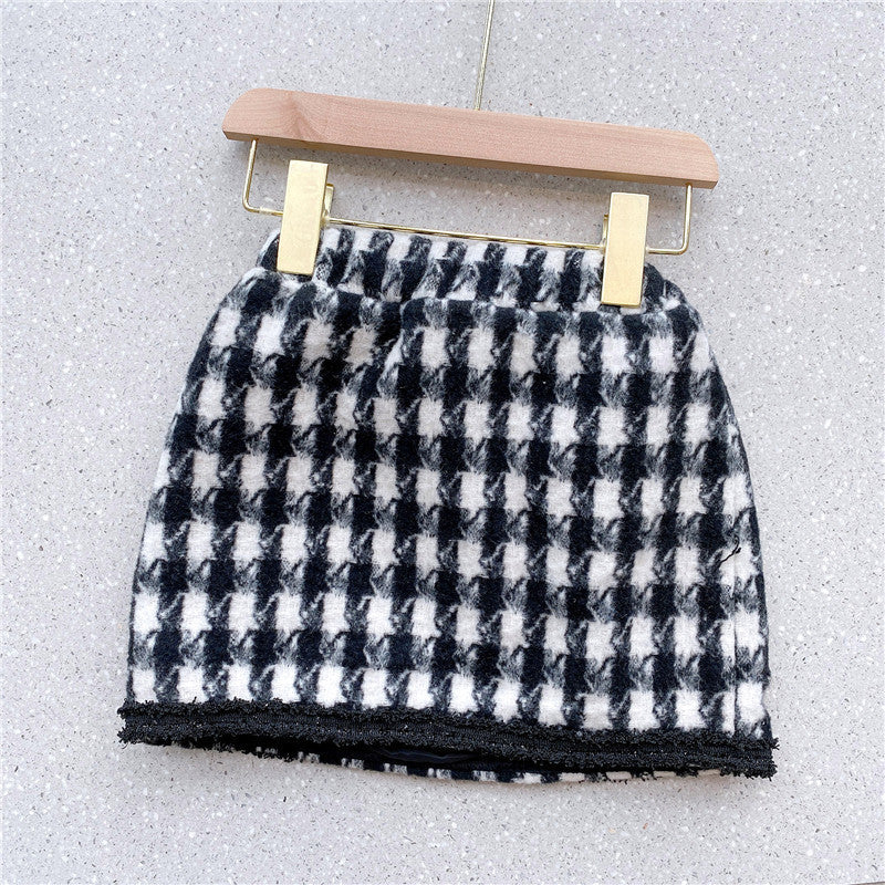 Girls elegant houndstooth pattern cardigan and skirt set in black, perfect for spring and autumn wear.