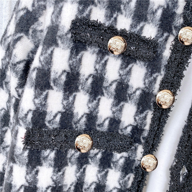 Girls elegant houndstooth pattern cardigan and skirt set in black, perfect for spring and autumn wear.