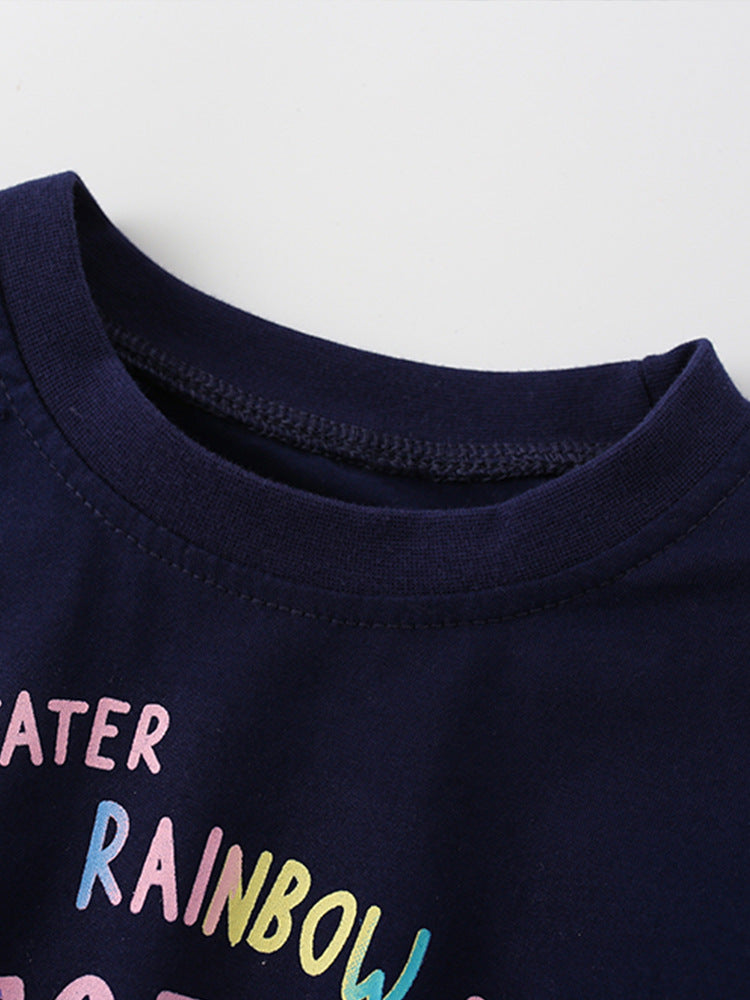 Girls Leopard Cartoon Animals Printing Design Top and Pants Set in navy blue, featuring playful leopard prints, made from soft cotton material.