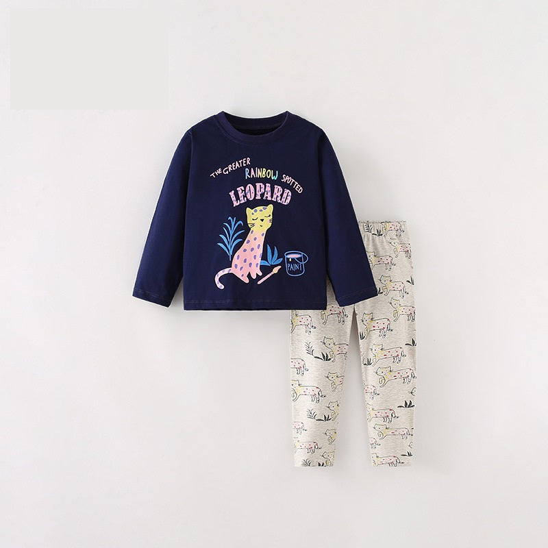 Girls Leopard Cartoon Animals Printing Design Top and Pants Set in navy blue, featuring playful leopard prints, made from soft cotton material.
