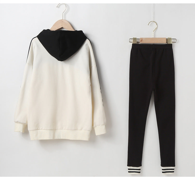 Girls hoodie with letters printing and striped pants set in white color, perfect for spring and autumn wear.