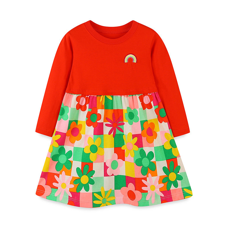 Girls’ red floral plaid pattern dress featuring rainbow logo embroidery and patchwork design, perfect for stylish young girls.