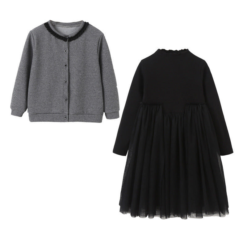Girls Single Breasted Cardigan Tops Black Dress Sets in black and grey, showcasing stylish design and comfortable fit for ages 5-12.