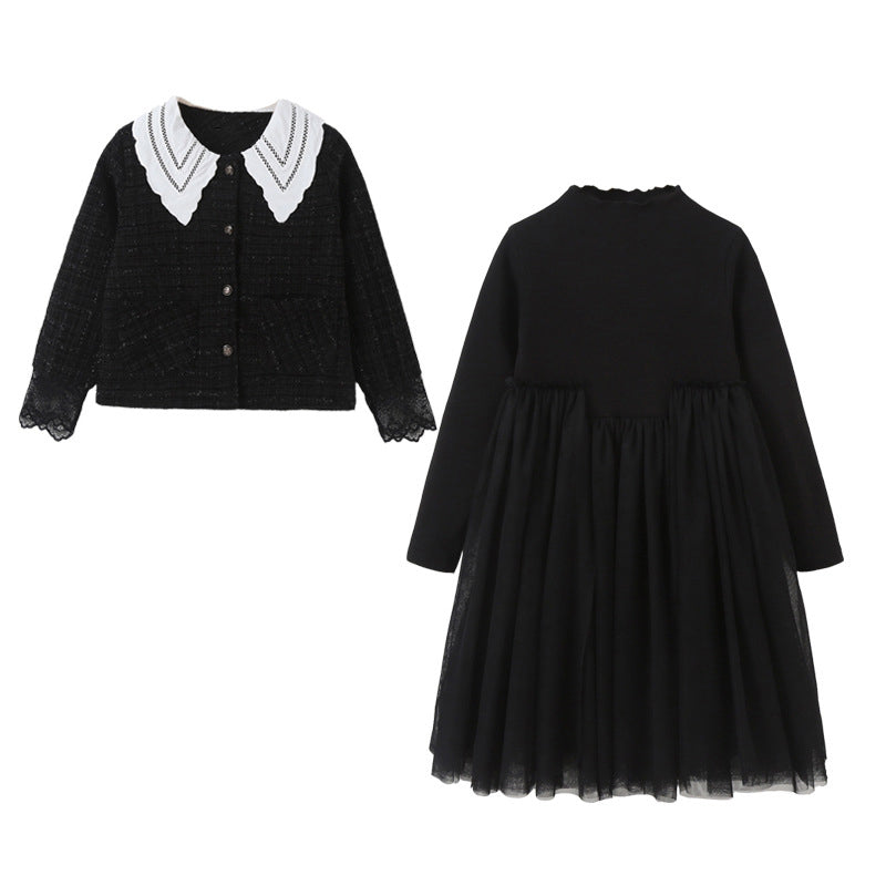 Girls Single Breasted Cardigan Tops Black Dress Sets in black and grey, showcasing stylish design and comfortable fit for ages 5-12.