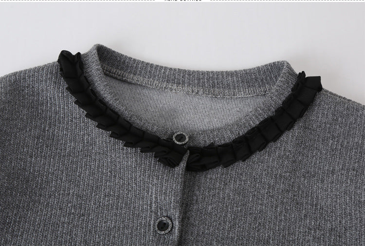 Girls Single Breasted Cardigan Tops Black Dress Sets in black and grey, showcasing stylish design and comfortable fit for ages 5-12.