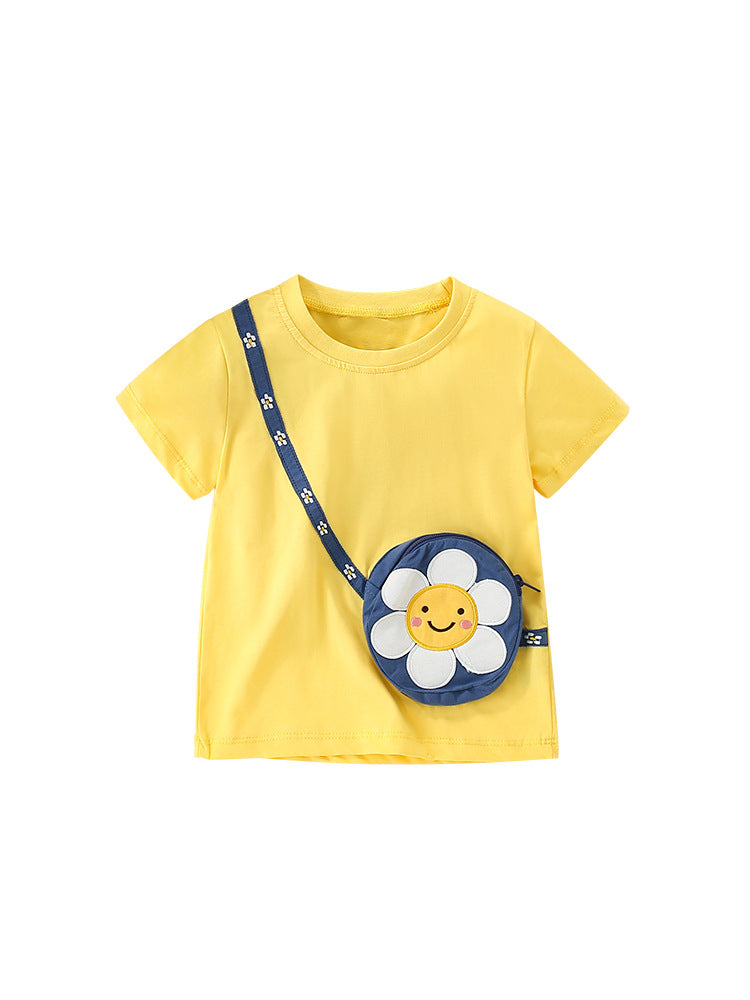 Girls’ sunflower cartoon pattern pocket bag short sleeves t-shirt in bright yellow, perfect for summer wear.