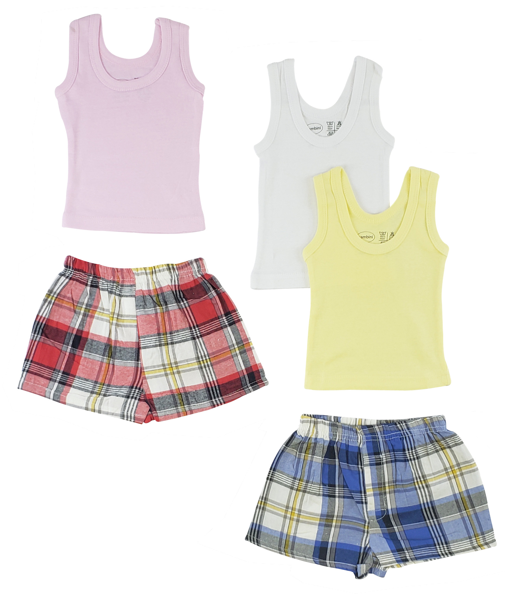 A collection of colorful girls tank tops and boxer shorts made from 100% cotton, showcasing their soft texture and vibrant designs.